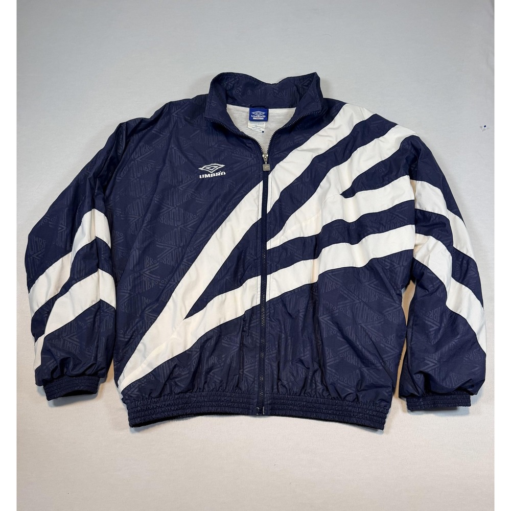 Vintage Umbro Jacket Mens XL Blue White Stripe Full Zip Windbreaker Soccer 90s